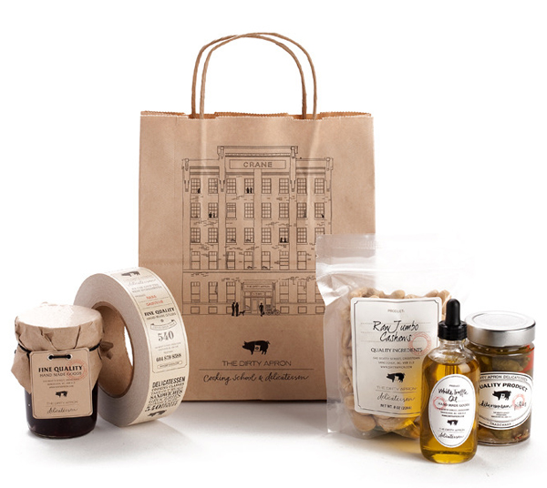 Tags, tape, bags and packaging labels created by Glasfurd & Walker for delicatessen The Dirty Apron
