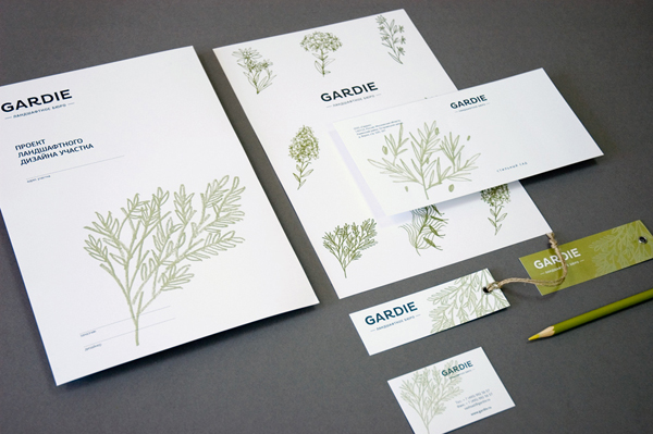 Logo and stationery with hand drawn coloured pencil plant illustrations by Paradox Box for landscaping business Gardie