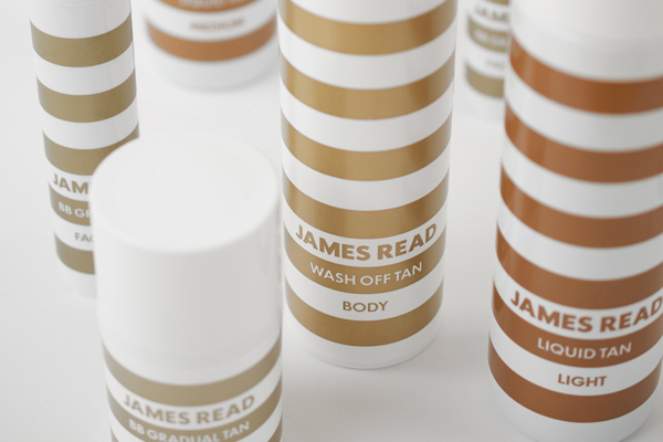 Packaging with gold and bronze spot colour detail for James Read's premium tanning range designed by Studio Makgill