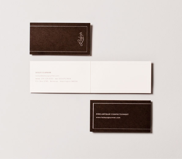 Logo and business cards with silver foil detail designed by YUI Studio for US based confectioner Lesley's Gourmet