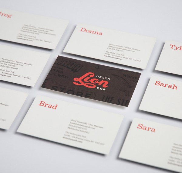 Logo and business card with typographic detail designed by St Bernadine for local drinking and dining spot Delta Lion Pub