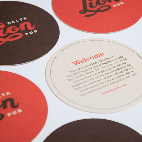 Logo and beer mats designed by St Bernadine for local drinking and dining spot Delta Lion Pub