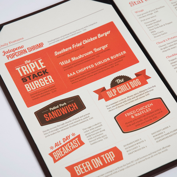 Logo and food menu designed by St Bernadine for local drinking and dining spot Delta Lion Pub