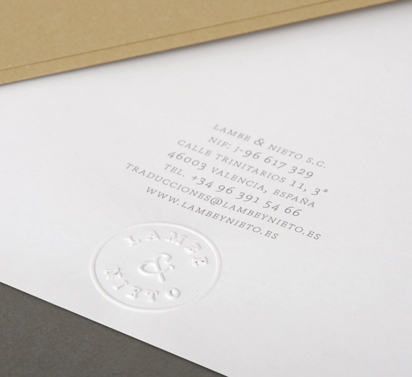 Logo and embossed stationery designed by Boscos for Spanish translation service provider Lambe & Nieto