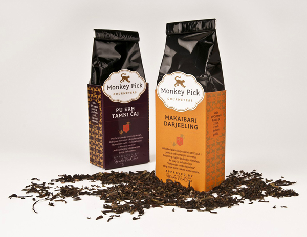 Packaging design by Coba Associates for gourmet tea range Monkey Pick