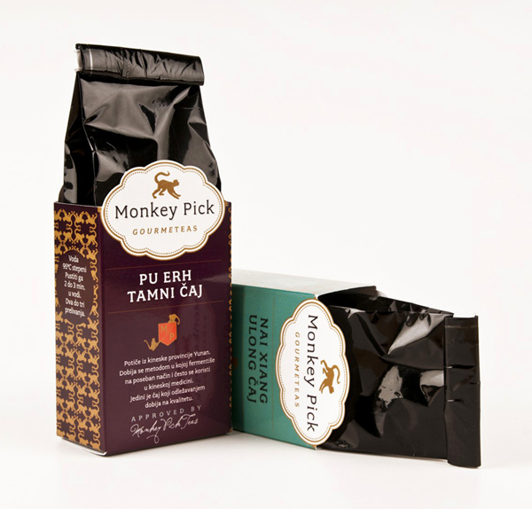 Packaging design by Coba Associates for gourmet tea range Monkey Pick