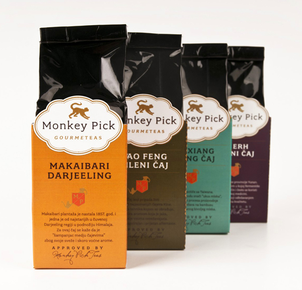 Packaging design by Coba Associates for gourmet tea range Monkey Pick