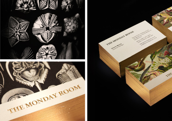 Logo and business card with antiquarian illustrations, gold edge and deboss detail for cafe wine bar The Monday Room designed by Strategy