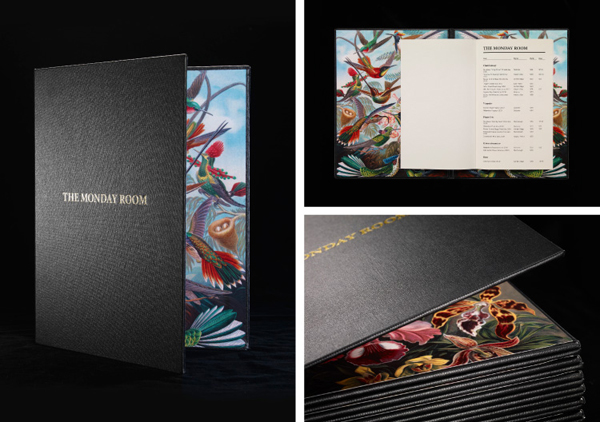 Logo and menu with antiquarian illustrations, leather cover and gold deboss detail for cafe wine bar The Monday Room designed by Strategy