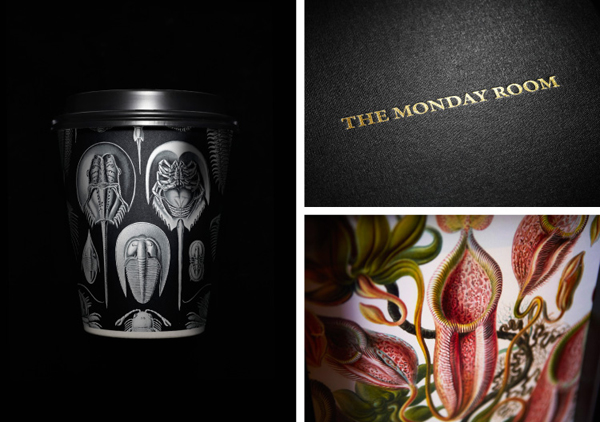 Logo, coffee cup and menu with antiquarian illustrations for cafe wine bar The Monday Room designed by Strategy