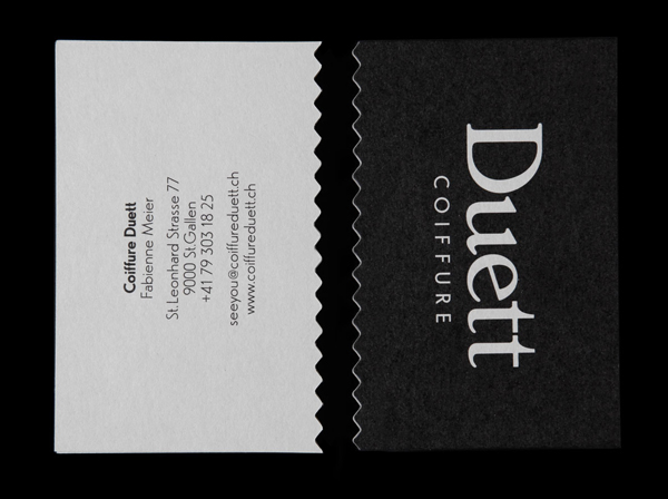 New logo and business card with die cut detail for Swiss hair salon Coiffure Duett designed by Bureau Collective