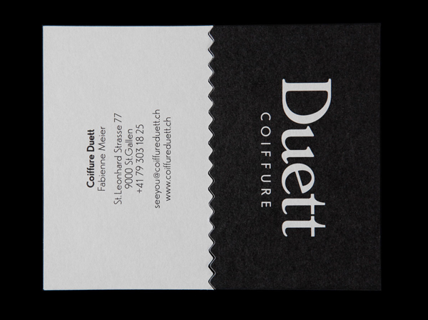 New logo and business card with die cut detail for Swiss hair salon Coiffure Duett designed by Bureau Collective