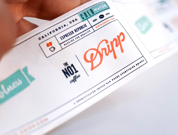 Label design by Salih Kucukaga for coffee bar Dripp's new Boxed Water 
