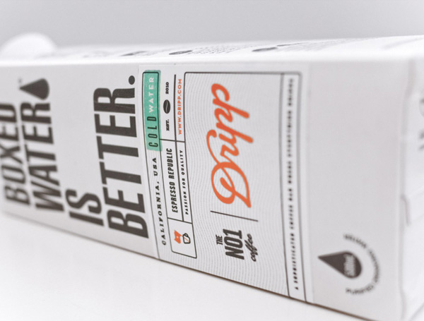 Packaging designed by Salih Kucukaga for coffee bar Dripp's new Boxed Water 