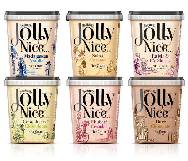 Packaging with typographic and illustrative detail for ice cream brand Harriet's Jolly Nice designed by Taxi Studio