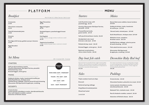 Logo and menu for London bar and restaurant Platform designed by Substrak