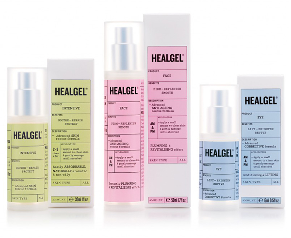 Packaging with pastel colour labels designed by Pentagram for high quality skin care range Healgel