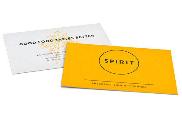 Logo and duplex business card with hand drawn illustrative detail for vegetarian restaurant Spirit designed by Studio Beige