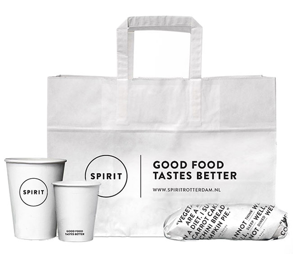 Logo and take out packaging for vegetarian restaurant Spirit designed by Studio Beige