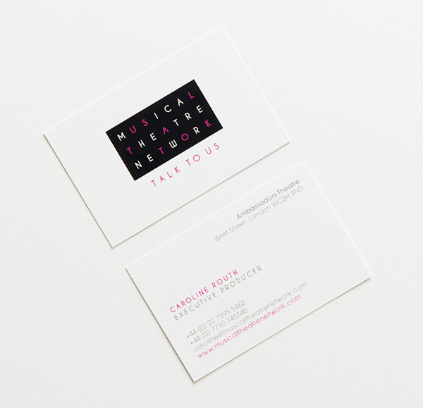 Logo and business card for London-based performing arts supporter Musical Theatre Network designed by Glad