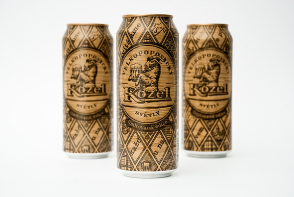 Packaging with heat treated wood effect designed by Yurko Gutsulyak for Czech brewer Velkopopovický Kozel