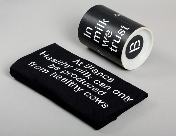 Screen printed T-shirt with stencil cut typographical detail designed by Lo Siento for dairy hub Blanca Screen printed T-shirt with stencil cut typographical detail designed by Lo Siento for dairy hub Blanca