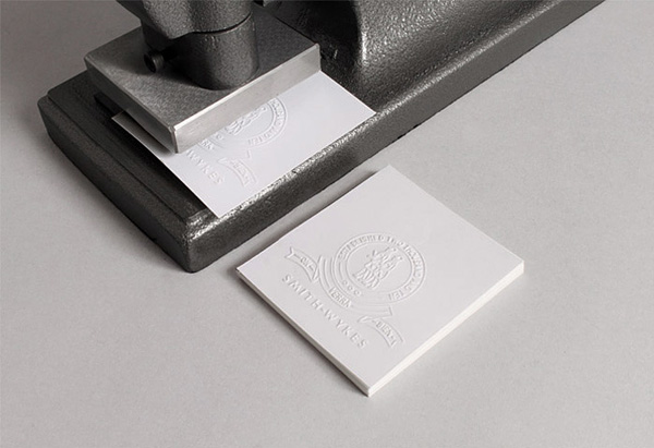 Blind embossed logo for London and Paris-based male fashion brand Smith-Wykes designed by Studio Small