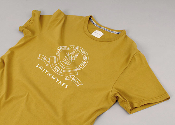 Logo and screen printed mustard T-shirt for London and Paris-based male fashion brand Smith-Wykes designed by Studio Small