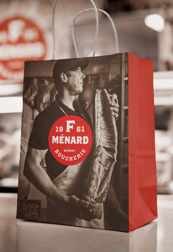 Logo and paper bag with sepia photography for Canadian pork producer and family run butcher F. Ménard designed by lg2boutique