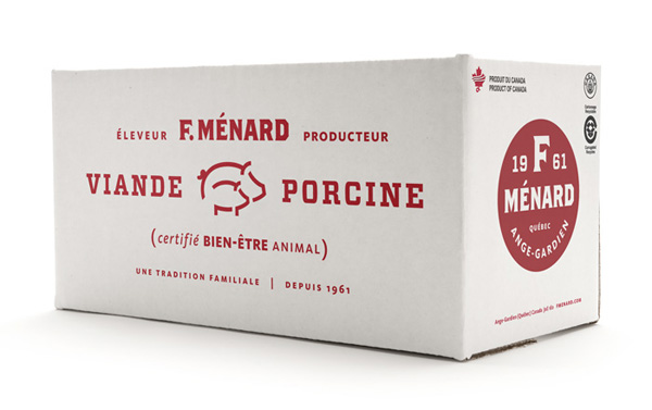 Packaging with single red spot colour and typographical detail for Canadian pork producer and family run butcher F. Ménard designed by lg2boutique