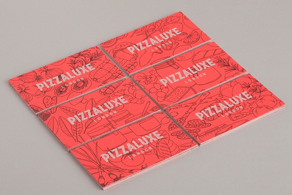 Logo and illustrative business card with neon ink finish for freshly-baked, deluxe pizza restaurant Pizza Luxe designed by Touch