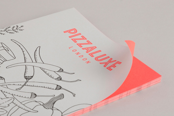 Logo and illustrative flyer with neon ink finish for freshly-baked, deluxe pizza restaurant Pizza Luxe designed by Touch