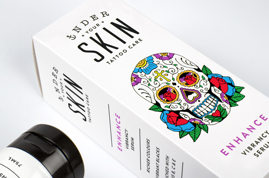 Packaging with bright illustrative detail by Robot Food for tattoo care range Under Your Skin 