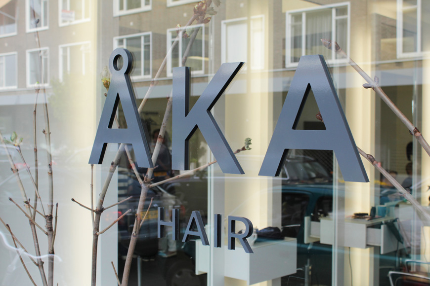 Logo and signage designed by DC for hair salon ÅKA