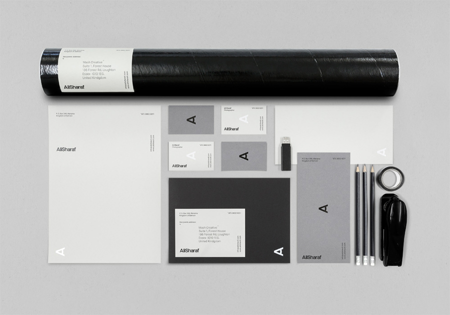 Logo and stationery with white and black foil detail created by Mash Creative for Bahrain-based commercial photographer Ali Sharaf