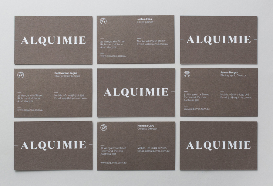 Logotype and white ink, warm grey business card designed by ThoughtAssembly for quarterly beverage magazine Alquimie