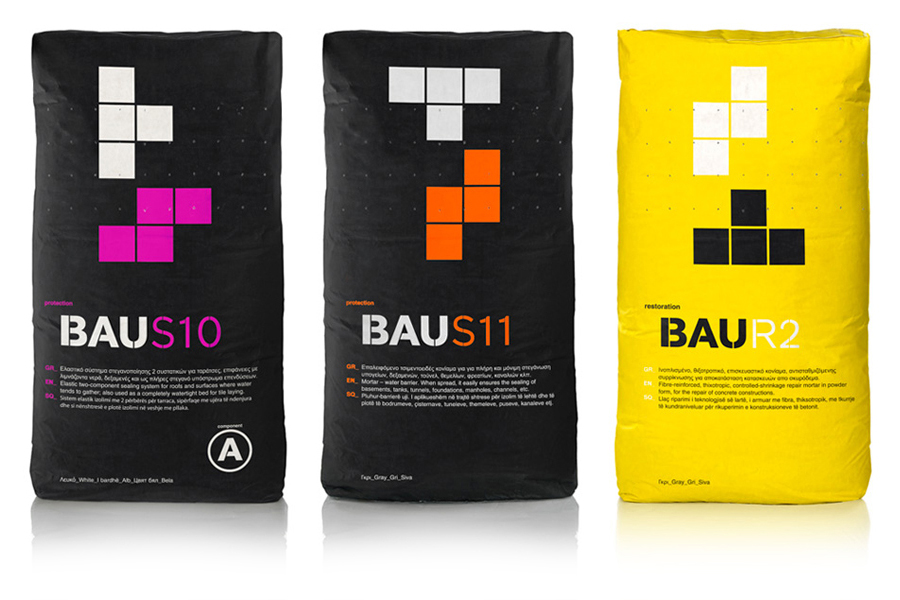 Packaging with bold tetrimino detail created by Mousegraphics for Bau Building Materials