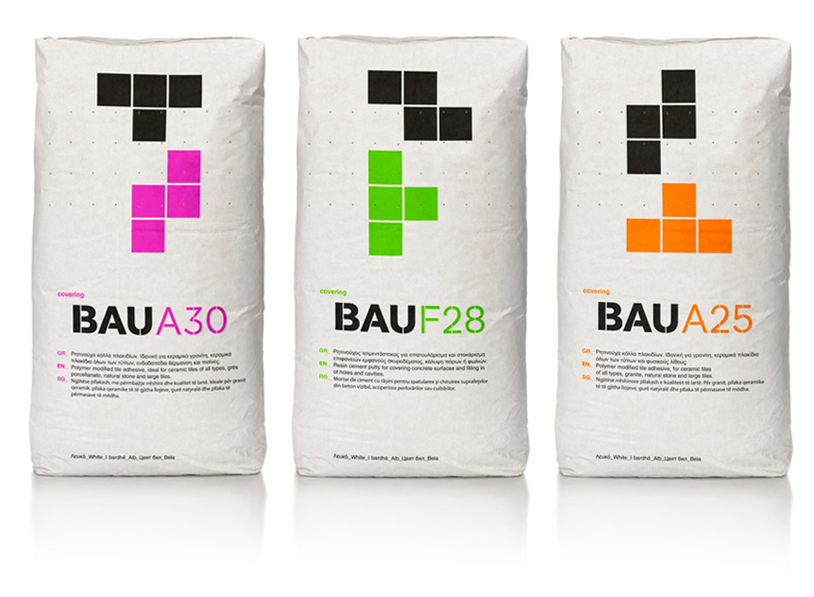 Packaging with bold fluorescent tetrimino detail created by Mousegraphics for Bau Building Materials