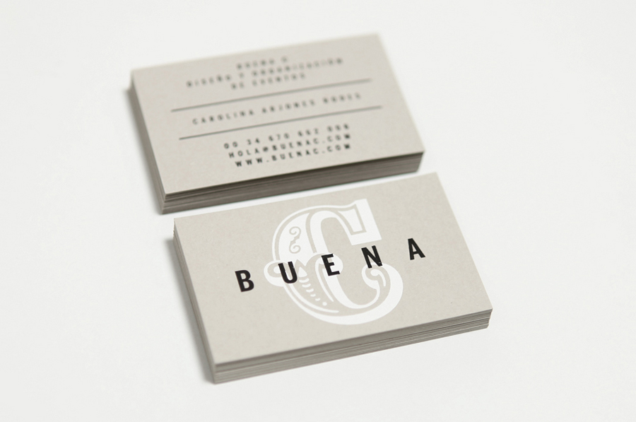 Logo and hand stamped business cards designed by Tres Tipos Gráficos for Spanish event planning business Buena C