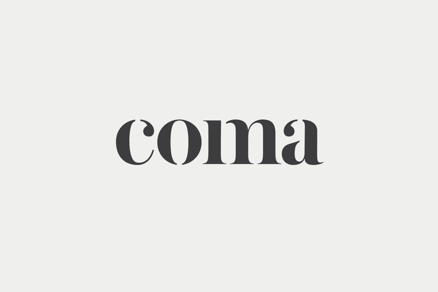 Stencil cut serif logotype designed by Mucho for Spanish leadership consultancy Coma