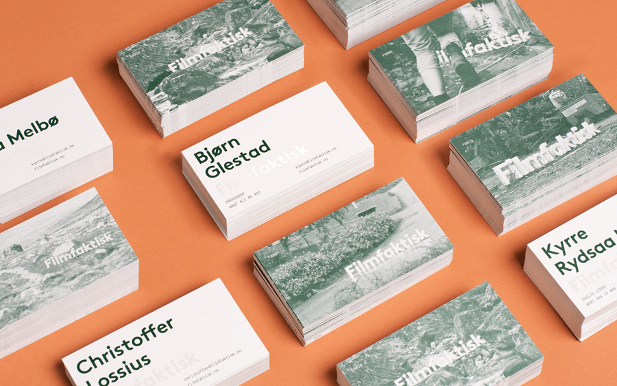 Logo and business cards for Norwegian location-focused filmmakers Filmfaktisk designed by Heydays