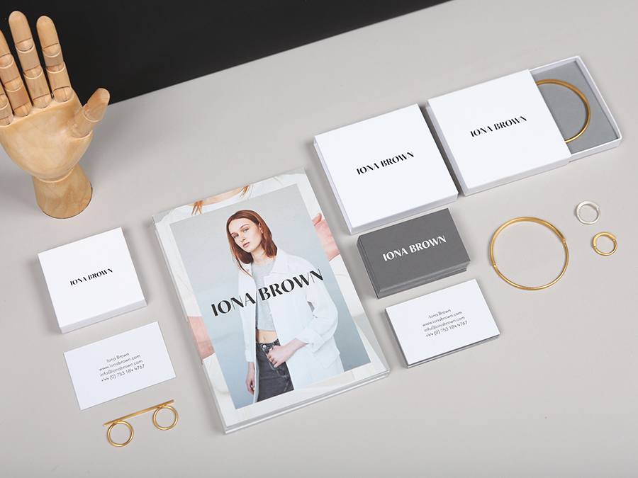 Logo, print and packaging with black block foil detail for contemporary jewellery designer Iona Brown