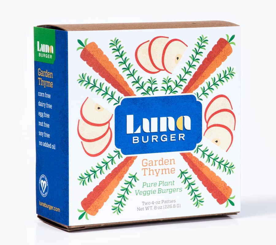 Packaging with illustrative detail for organic veggie and vegan burger range Luna Burger created by Slagle Design