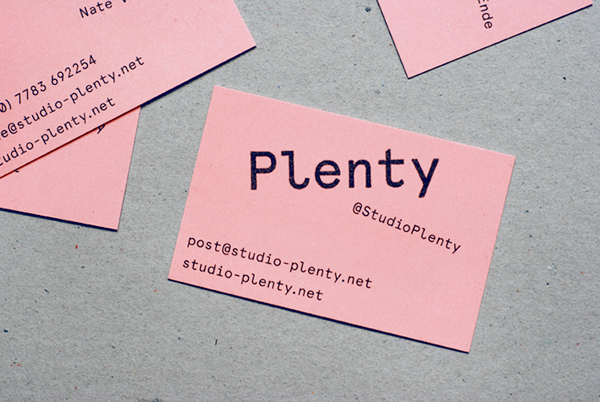 Logo design and pink board business card designed by Ah Studio for London-based web development studio Plenty