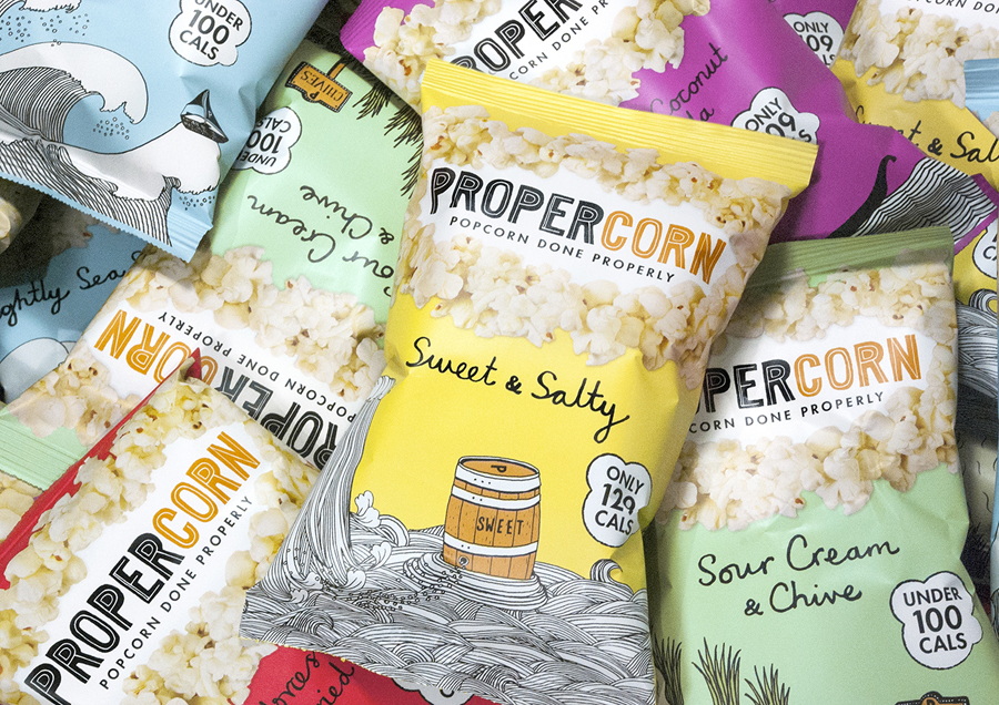 Propercorn packaging 2014 designed by B&B Studio featuring illustrative work by Zoe More O'Ferrall