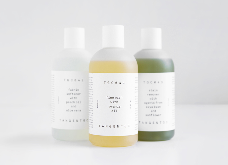 Logo and packaging for Swedish organic garment and shoe care brand Tangent Garment Care designed by Essen