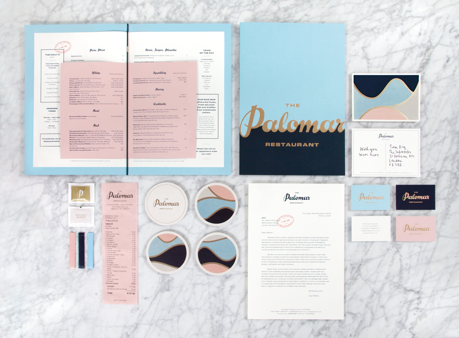Logotype and print with gold foil detail designed by Here for Soho restaurant The Palomar