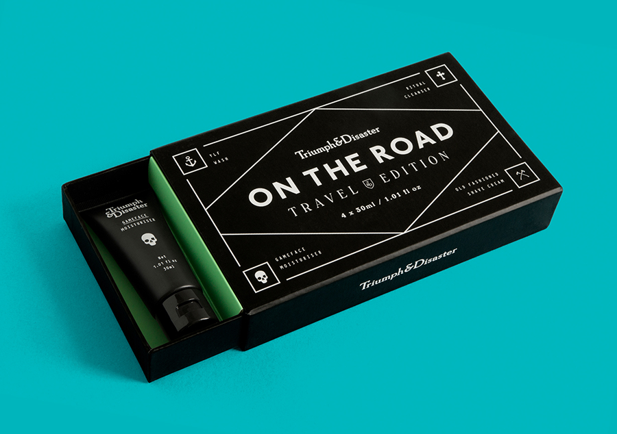 Packaging for Triumph & Disaster's travel kit On The Road designed by DDMMYY