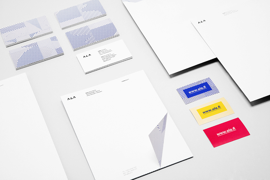 Logo and stationery design with geometric pattern detail created by Kokoro & Moi for Helsinki based architecture firm ALA