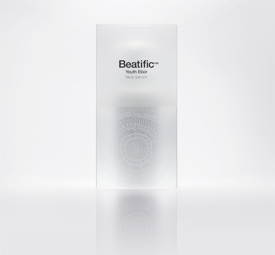 Logo and packaging with frosted plastic and illustrative detail by Mousegraphics for Hygeia Group's new skincare line Beatific